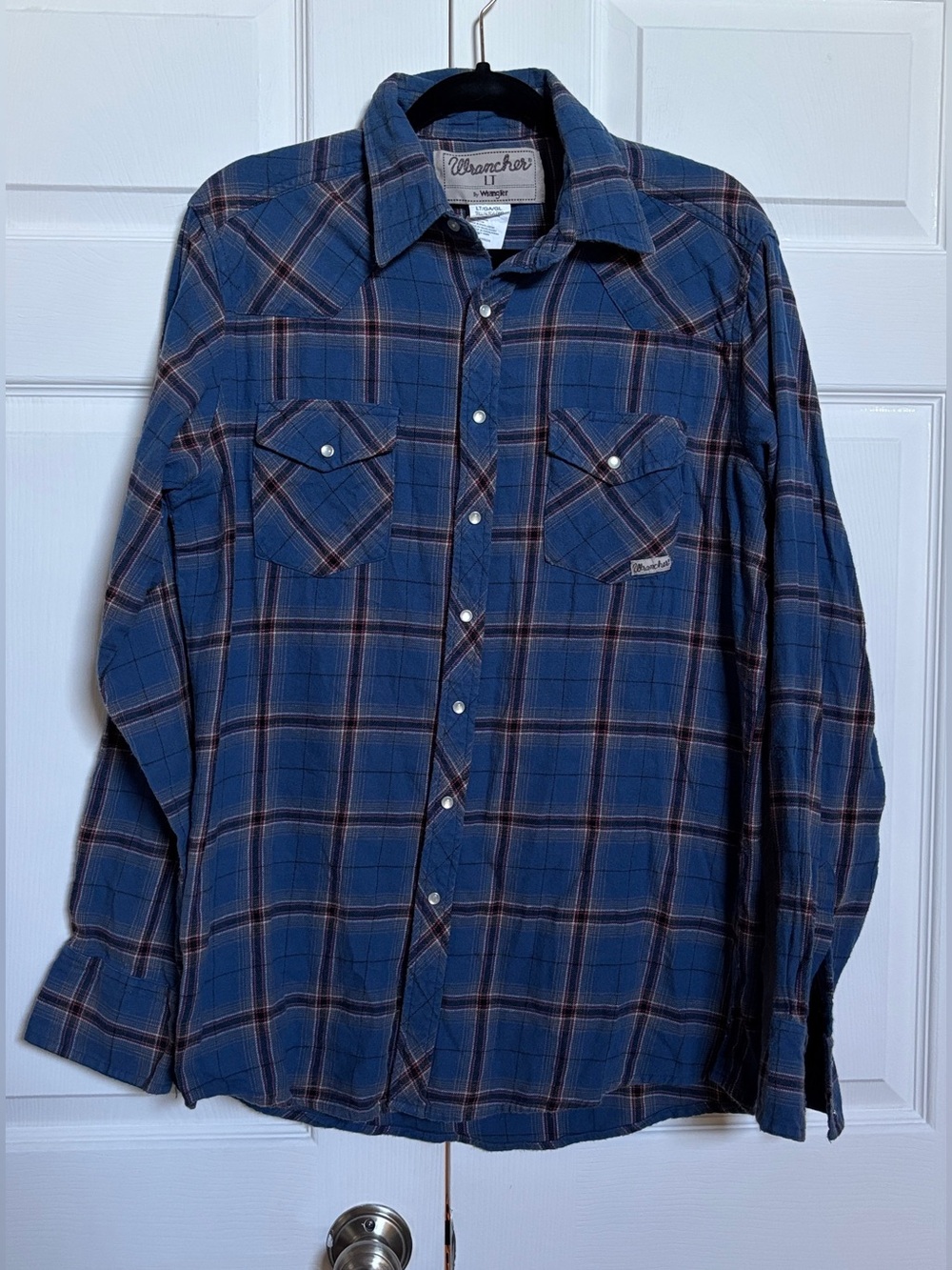 Wrancher by Wrangler Men’s LT Blue Plaid Pearl Snap Western Shirt 100% Cotton